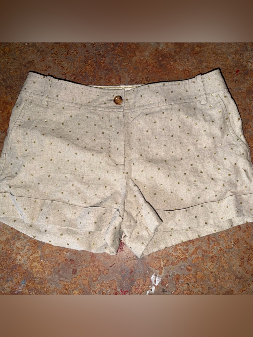 J Crew khaki linen shorts roll up cuff city fit 12 hold Polka dots
